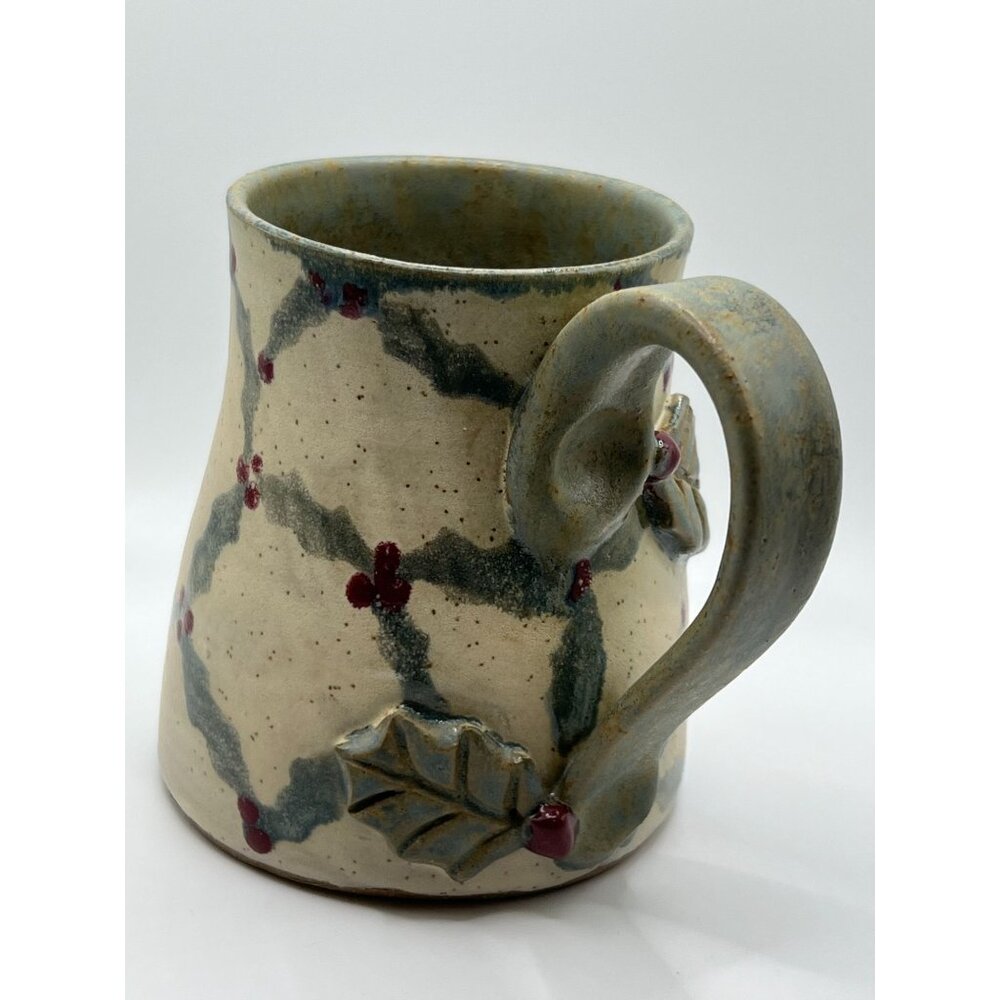 Handcrafted Stoneware Mug Rustic Holly Berry Pattern holds 12 flo oz - Picture 3 of 10